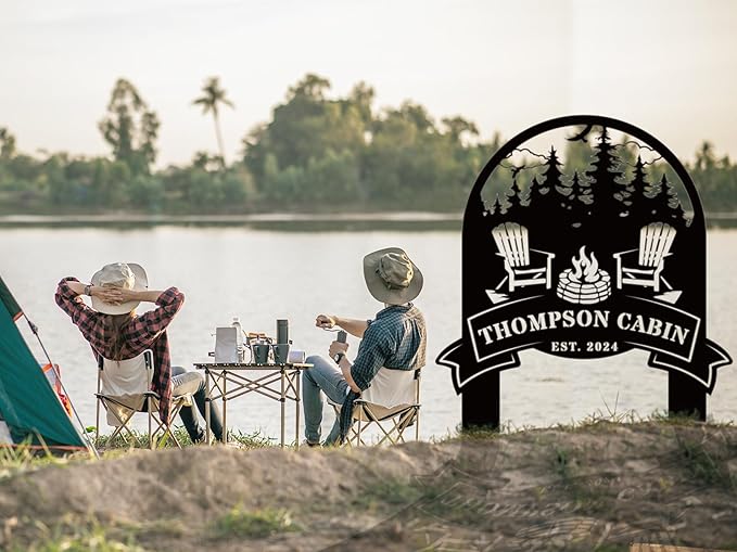 Personalized Family Name Firepit Scene Sign with Yard Stake, Rustic Personalized Camping Decor