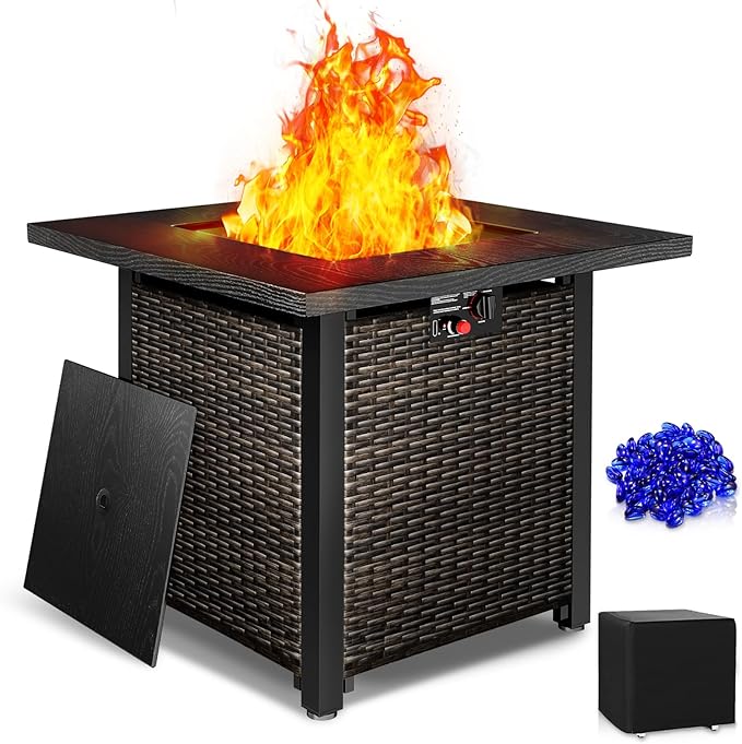 ZAFRO 28” Outdoor Fire Pit Table 50,000 BTU, 2-in-1 Rattan Propane Firepit Table with Glass Stones & Lid, Square Fire Table for Patio, Backyard, Deck, or Garden, Black