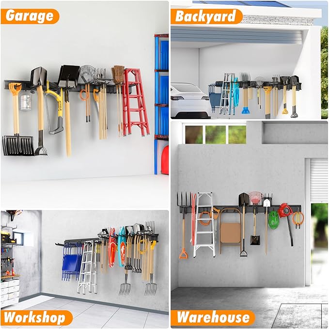Housolution Heavy Duty Garden Tool Organizer 64 Inch - 18Pack Carries 570 lbs, Garage Tool Organizer Storage System, 4 Rails with 12 Adjustable Hooks, Tool Holder Wall Mount for Warehouse, Workshop