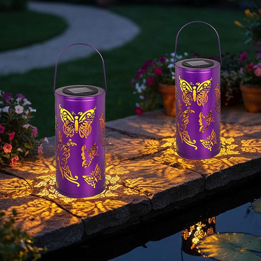12.8" Large Size 2-Pack Outdoor Solar Lanterns Waterproof Metal Butterfly Patterns Garden Decor Gifts for Women Mom Grandma Hanging Solar Lanterns for Outside Yard, Patio, Backyard, Porch