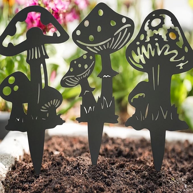 Decorative Mushroom Garden Stakes, Black Garden Mushroom Tale Mushroom Garden Stakes Metal Silhouette Art(6, Matte Black)