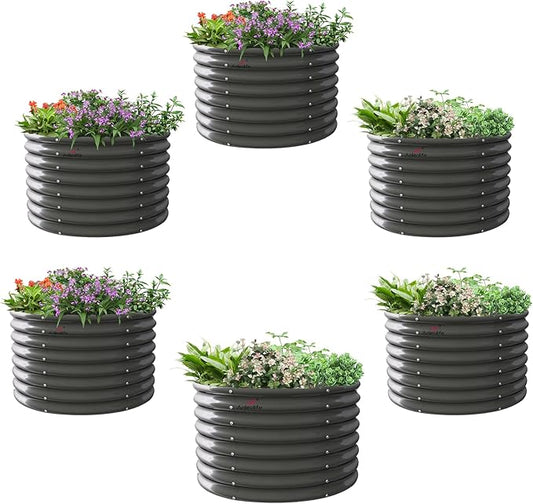 A ANLEOLIFE 6-Pack 3ft x 24” Tall Galvanized Raised Garden Beds Outdoor, Round Metal Planter Box for Planting Vegetables Flowers Herb, Anti-Rust & Easy-Setup, Quartz Grey