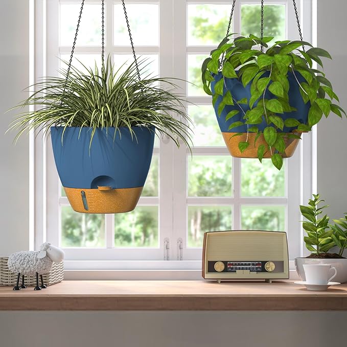 ZMTECH 12 Inch Hanging Planters for Indoor Plants & Outdoor - 2 Pack Self-Watering Hanging Pots with Drainage Holes, Visual Reservoir, Plastic Hanging Baskets Flower Pots with Removable Saucer, Blue