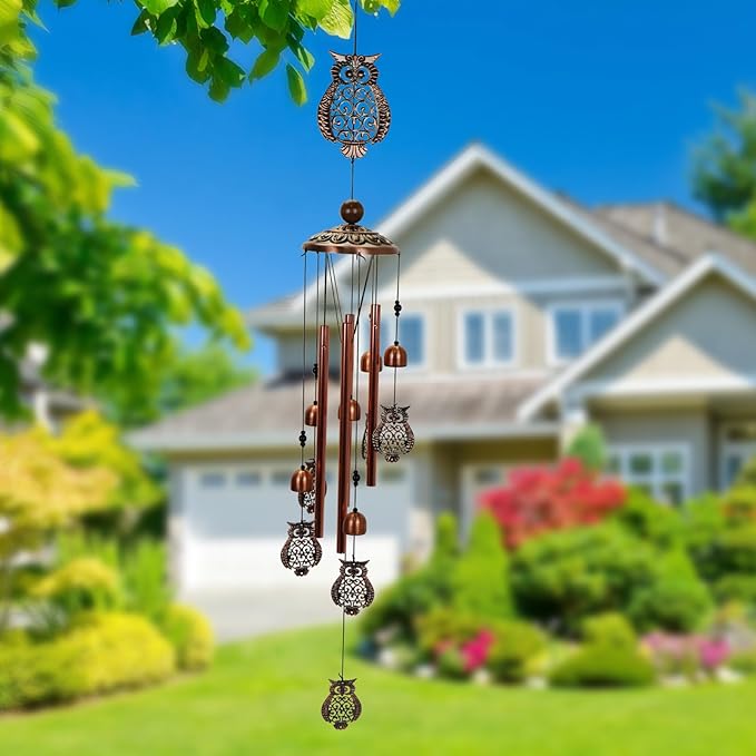 ArtCredit Copper Tone Animal Wind Chimes for Outdoors/Indoors - Owl Designs - Garden, Patio, Yard, Home Decor, for Women, Men, Mom, Birthday, Memorial, Housewarming (Owl)