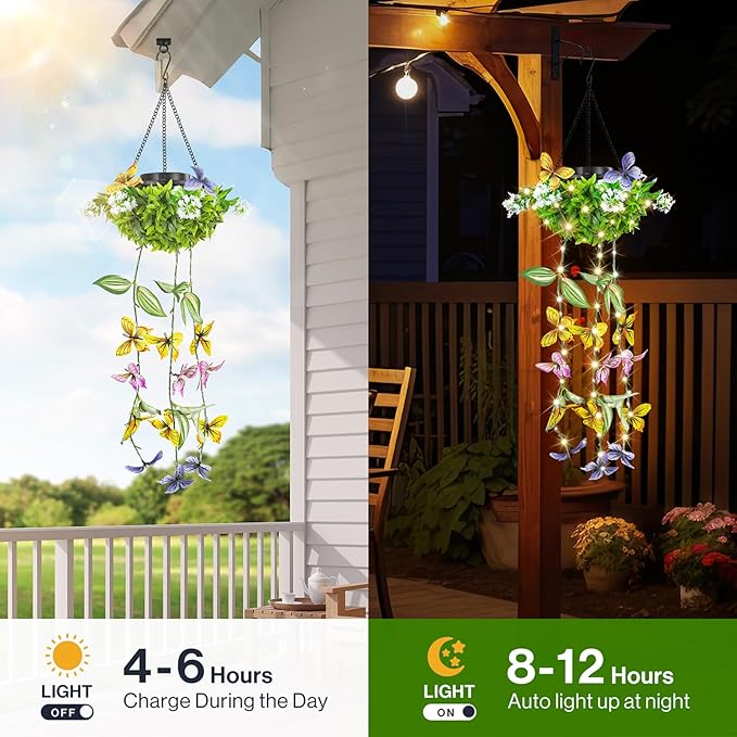 Solar Hanging Garden Lights - 2 Pack, Artificial Butterfly & Flower LED Fairy String Lights, IP65 Waterproof Outdoor Festive Decor for Patio, Porch, Garden, Yard, Warm Gift for Mom, Family & Friends
