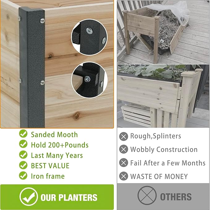 Raised Garden Planter Box with Storage Shelf, 45 inch Elevated Wood Planting Bed, Metal Frame