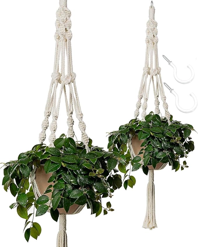 Bulky Plant Hanger Macrame Handmade Indoor Outdoor Decoration Hanging Planter Cotton Rope Basket 0.24in Thick Sturdy for Round & Square Flower Herbs Pots (No Pots No Plants) 46in, 4 Legs, 2 pcs