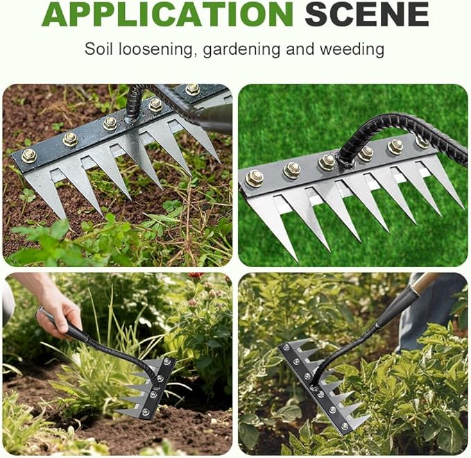 2025 New Iron Weeding Rake 2.0, 5/6/7/8 Teeth Carbon Steel Garden Weeding Rakes, Iron Rake for Gardening and Weeding, Heavy-Duty Garden Weed Puller Tool for Lawn Yard Garden Farm (5Teeth)