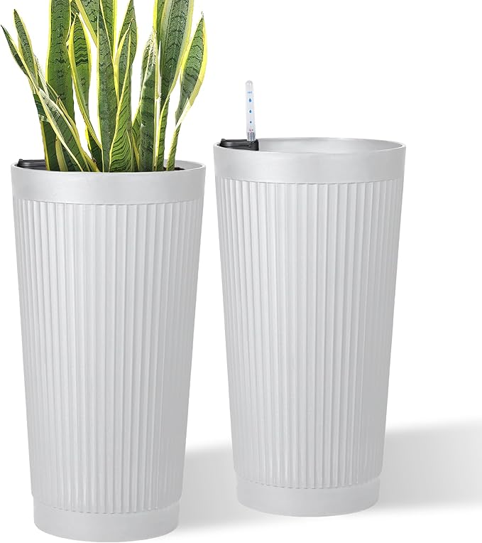 24in Tall Self-Watering Planters Set of 2 - White Flower Pots with Water Level Monitor, Non-Toxic Plastic Planters for Indoor Outdoor Patio, Porch, Living Room, Home Office