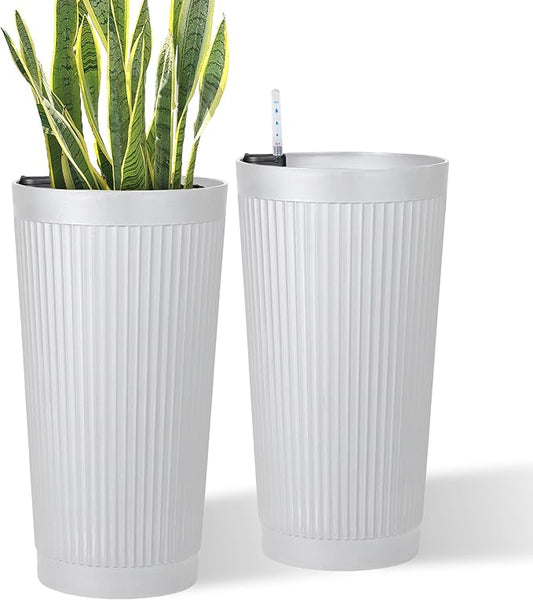 24in Tall Self-Watering Planters Set of 2 - White Flower Pots with Water Level Monitor, Non-Toxic Plastic Planters for Indoor Outdoor Patio, Porch, Living Room, Home Office