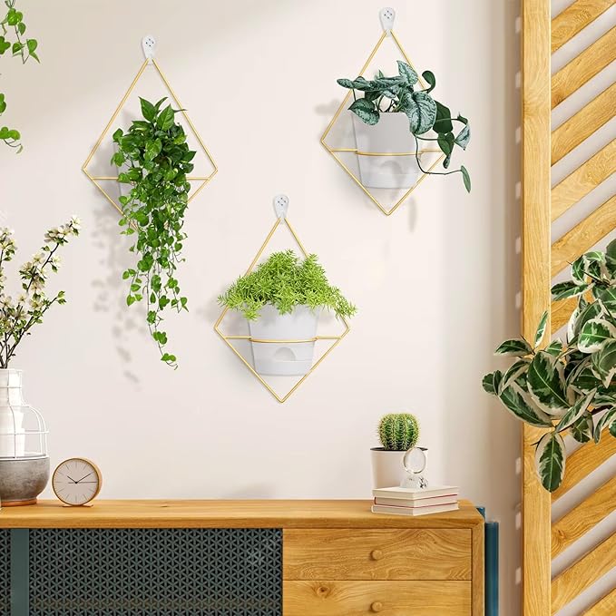 3 Sets Wall Planters for Indoor Plants Geometric Hanging Planters for Indoor Plants - Self-Watering Flower Pots with Black Metal Holder, Mounted Succulent Planter, 5" Black Plant Pot
