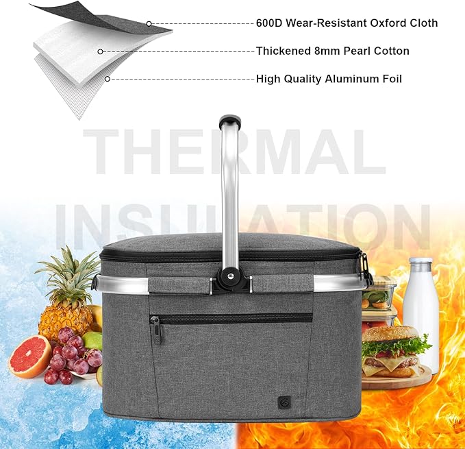 ALLCAMP Picnic Basket - Insulated Cooler Foldable Thermal Bag with Detachable Compartments & Built-in Frame, Housewarming Gift for New Home (Gray)