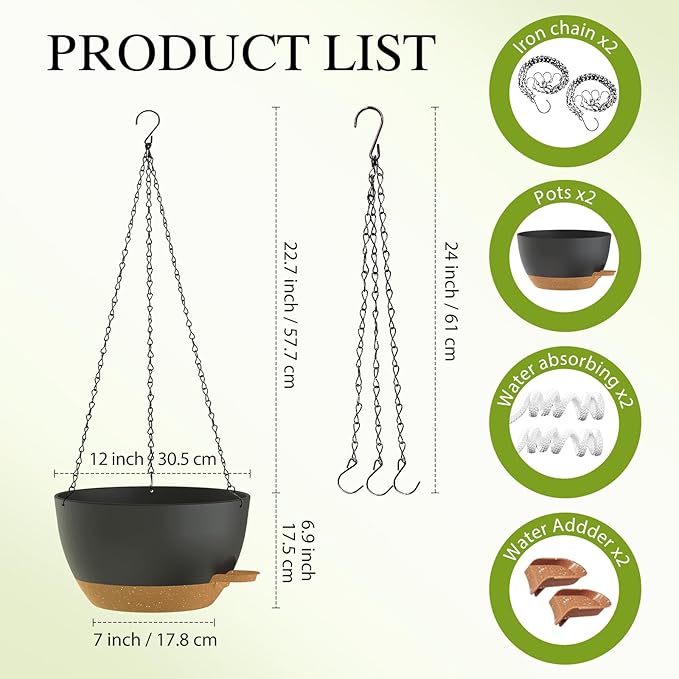 12 Inch Hanging Baskets 2 PC with Chains, Self-Watering Hanging Planters for Indoor Outdoor Plants, Plastic Hanging Flower Pots,Black Brown