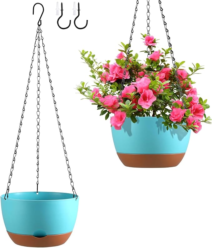 Set of 2 10 Inch Self Watering Hanging Planters for Indoor Outdoor Plants, Color Blocking Hanging Baskets Flower Pots with Drainage Hole & Removable Water-Storage Tray