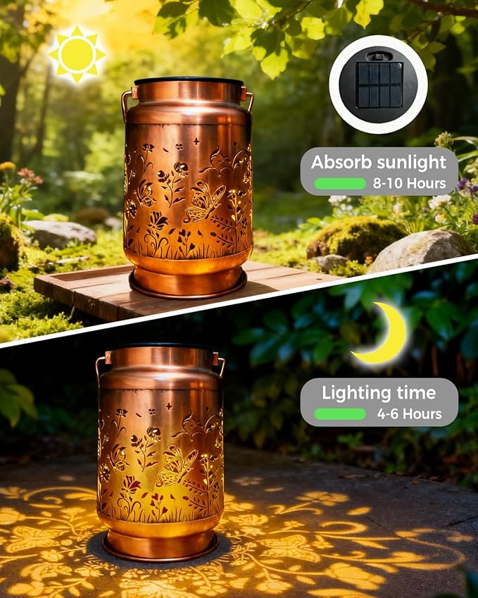 Christmas Gifts for Women,Solar Lanterns Outdoor Hanging Lantern Lights, Butterfly Hollowed-Out Metal Decor Lantern, Waterproof Decorative Garden Light - Delicate Garden Decoration for Patio, Yard