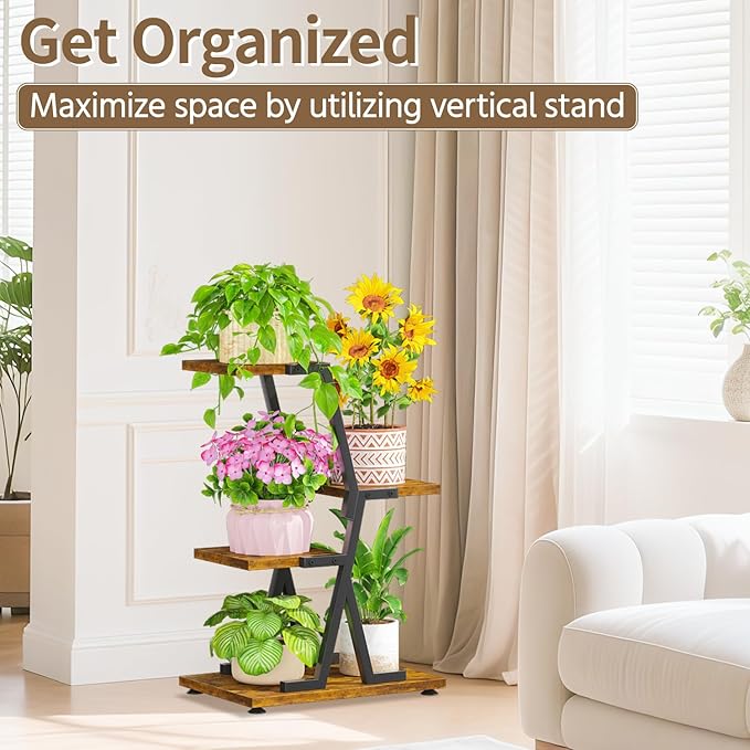 LASZOLA 3 Tier Tall Wood and Metal Plant Stand Indoor for Heavy Duty Planter, Large Multi Level Vertical Flower Shelf for Narrow Corner, Sturdy Rustic Rack Holder for House Patio, Space Saving, Black