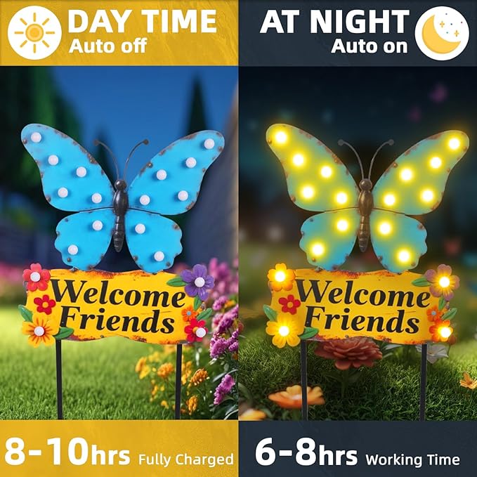 Decorative Garden Stakes Large 45" with 18 Bulbs Solar String Lights Outdoor Waterproof, Butterfly Solar Lights for Outside with Welcome Friends Garden Sign for Yard, Patio, Pathway