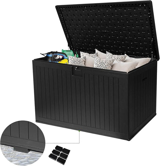 260 Gallon Outdoor Storage Box Waterproof, Extra Large Plastic Outside Deck Box Weatherproof, Resin Outdoor Cushion Storage Container with Lock and Lids for Cushion and Pool Equipment, Black