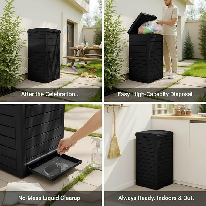 31 Gallon Resin Trash Can Cabinet with Lid & Drip Tray - Waterproof Outdoor Garbage Bin for Patio, Kitchen, Yard, and Entertaining Areas - Easy Assembly, No Tools Required