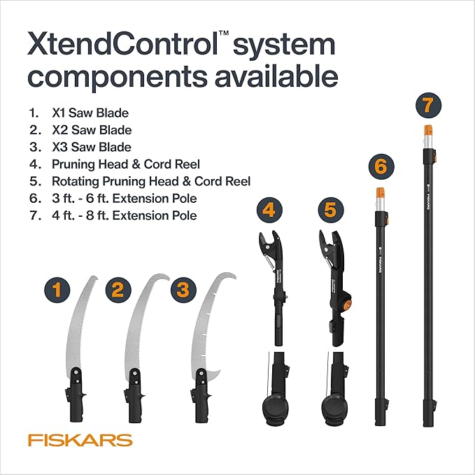 Fiskars XtendControl Extendable Tree Pruner (16 ft), Adjustable Branch Trimmer with 15" X3 Double-Hooked Saw, 4-8 ft Extension Pole, and Secure Locking System for Precision Cutting