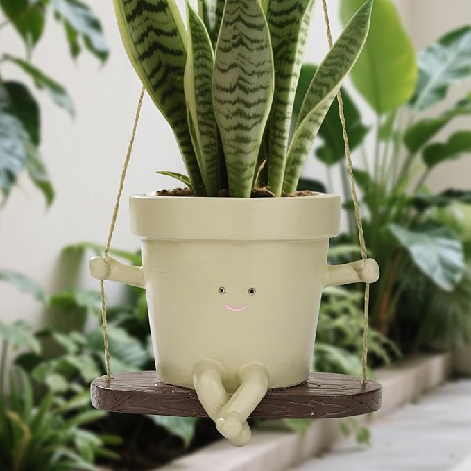 Hanging Planter Swing Face Plant Pot Cute Resin Head Planters Without Hole Indoor/Outdoor Plant Holder for Succulents, Unique Sitting Sway Pots Gift Ideas for Mother (2Pack-Style-AB)