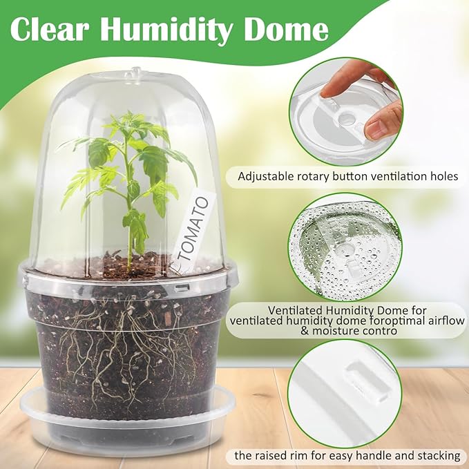 BTPLASTIK 6 Inch Clear Nursery Pots with Humidity Domes 15 Pack, Transparent Plastic Plant Pot with Drainage Holes and Saucers, Seed Starter Pots with 15 Pcs Plant Labels and 15 Pcs Soil Screens