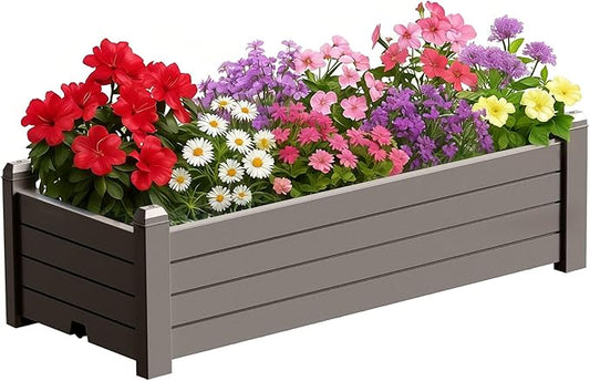Raised Garden Bed, 21 Gallon Self-Watering Outdoor Raised Planter Box with Drainage Plug and Gauge for Vegetables, Flowers and Herbs, Durable Rustproof Resin for Backyard Patio Porch (Grey)