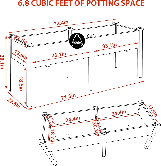MUPATER 6x1.8ft Raised Garden Bed with Legs, Planter Box with Drainage Holes, Wood Raised Bed Garden for Plants, Vegetables, Flowers, Herbs, 309 lbs Capacity, 6.8 Cubic Feet Big Space, Natural Wood