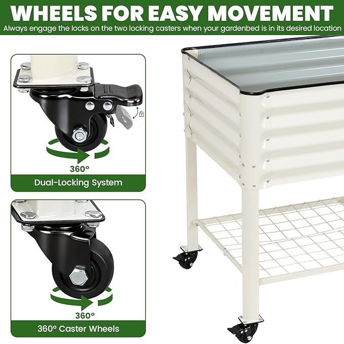 Elevated Raised Garden Bed 2' x 4' - Galvanized Planter Boxes with Legs, Wheels, and Storage Rack, Outdoor Planters for Backyard/Patio/Balcony with Drainage Holes for Vegetables, Flowers, Herbs, White