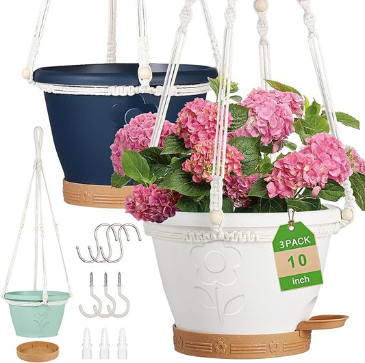 3 Pack Hanging Baskets Set, Hanging Planters for Indoor & Outdoor Plants, Self-Watering Hanging Pots with Removable Tray&Drainage Holes, Flower Pots for Home Garden Decor 10 Inch (Multicolor)
