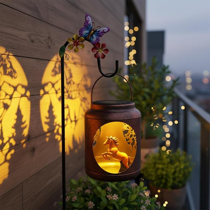 Solar Lanterns Outdoor Waterproof Metal Horse Patterns with Resin Horse Inside Garden Decor Gifts for Women Mom Grandma Hanging Solar Lights Decoration Outside for Yard, Patio, Backyard, Porch