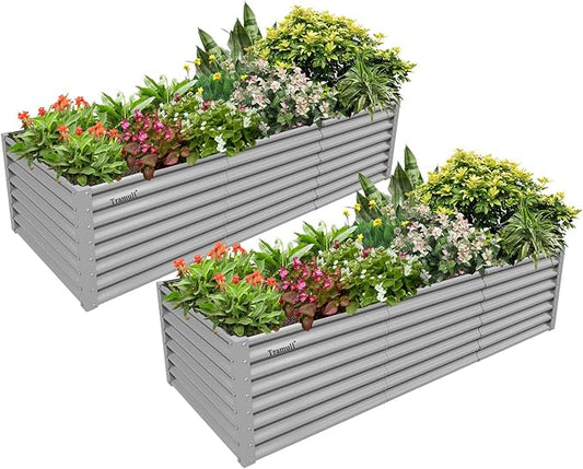 2 Packs Rectangular 8x3x2FT Galvanized Raised Garden Bed Kit Metal Ground Planter Box Outdoor Bottomless Planter Raised Beds for Vegetables Flowers Herbs Fruits, Gray