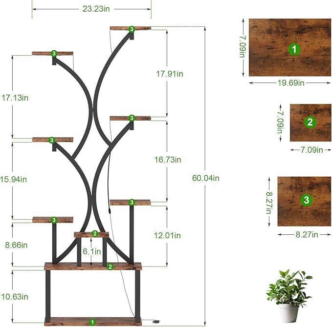 Plant Stand Indoor with Grow Lights, 9 Tiered Plant Shelf Indoor, 60" Corner Plant Stand for Indoor Plants Multiple, Metal Tall Plant Flower Holder, S-Shaped Plant Rack for Home, Patio,Living Room