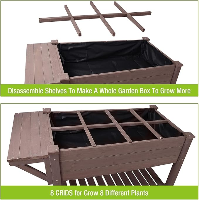 GUTINNEEN Raised Garden Bed for Herbs, Patio Elevated Flower Planter Vegetable Boxes with Grow Grid - Large Storage Shelf Brown
