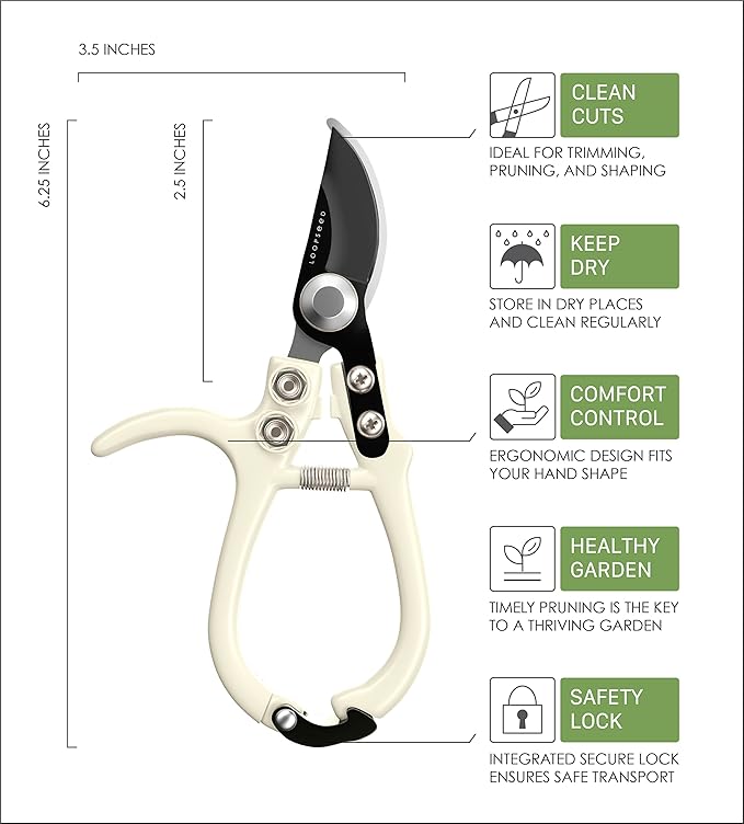 LOOPSEED Bypass Pruning Shears Hand Pruner Garden Trimming Scissors Plant Trimmers Herb Snips Flower Clippers Ergonomic Handle Modern Garden Tools (Classic Cream)