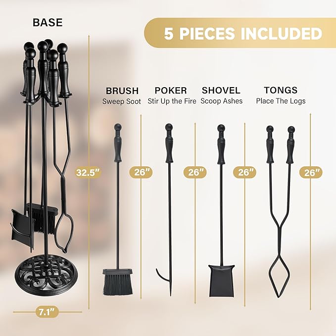 Fireplace Tool Set 5 PCS Black Wrought Iron Fire Tools Set Outdoor/Indoor, Large Fireplace Accessories Kit with Stand, Fire Poker, Shovel,Tongs for Indoor Modern Chimney, Wood Stove (Black)
