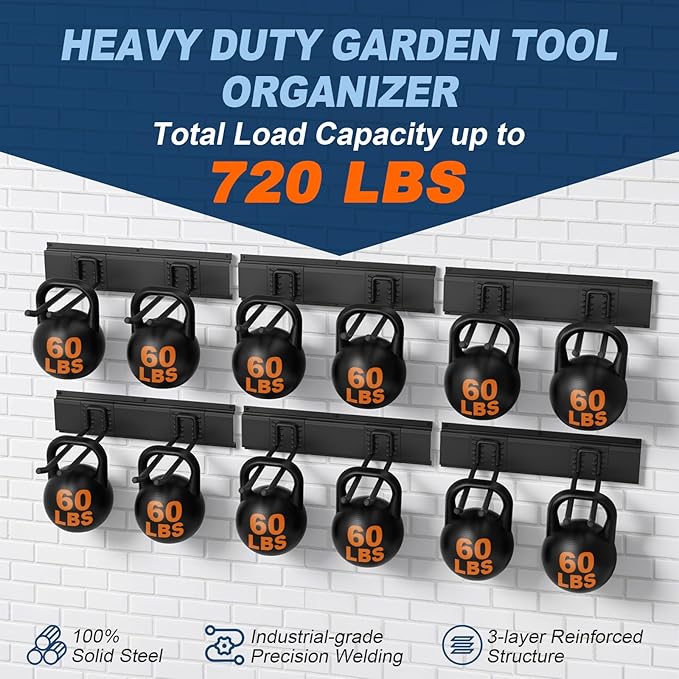 Heavy Duty Garden Tool Organizer 96 Inch - 20Pack Carries 720 lbs, Garage Tool Organizer Storage System, 6 Rails with 12 Adjustable Metal Hooks, Yard Shed Rack for Rake Broom Mop Snowboard