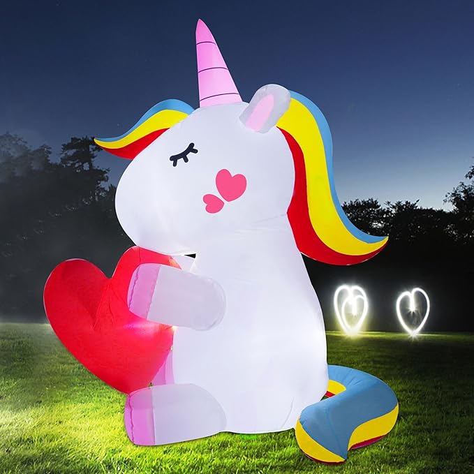 Lulu Home Lighted Yard Decorations, 5 FT Large Inflatable Light Up Unicorn Holding A Red Heart, Valentines' Day Blow Up Adorable Rainbow Colorful Unicorn Outdoor Indoor Party Display Decor