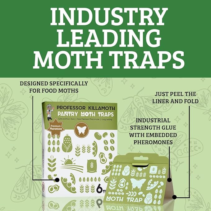 Professor Killamoth Triple-Strength Pantry Moth Traps 6 Pack – Safe Pheromone Moth Traps for House & Kitchen – Non-Toxic Pantry Pest Solution for Indian Meal Moths