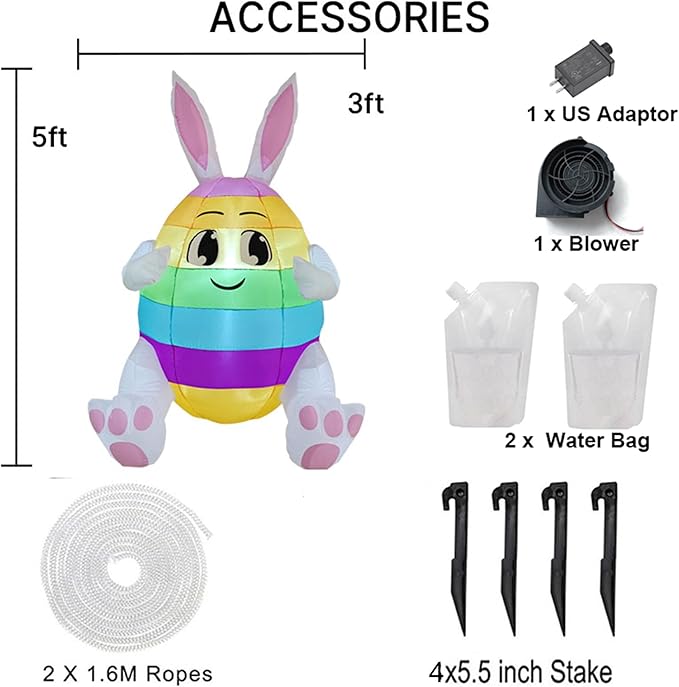 5FT Lighted Easter Inflatable Colorful Egg with Bunny Ears - Blow Up Outdoor Yard Decor for Lawn, Garden & Holiday Party
