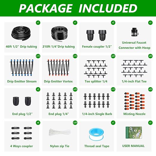 256FT Automatic Drip Irrigation System Kit,Automatic Garden Watering Misting System for Greenhouse, Yard, Plant ，Lawn with 1/2 inch Hose 1/4 inch Distribution Tubing and Accessories