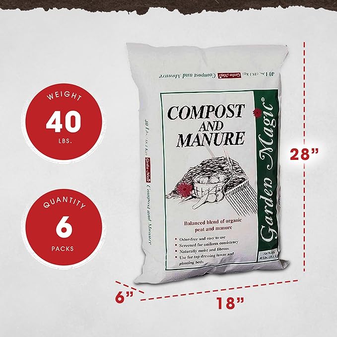 Michigan Peat 6-Pack Compost and Manure Blend, Garden Magic Mix w/Odor-Free Blend, 40 Lbs - Outdoor Lawn and Gardening Mixture with Nutrients and Minerals for Soil Potting and Planting