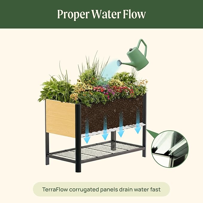 Rolling Elevated Garden Bed, 2' x 4' Metal Woodgrain Elevated Outdoor Planters Boxes with Legs & Storage Rack for Patio, 1000 lbs Weight Capacity, Raised Beds for Gardening Herb Flowers Vegetables