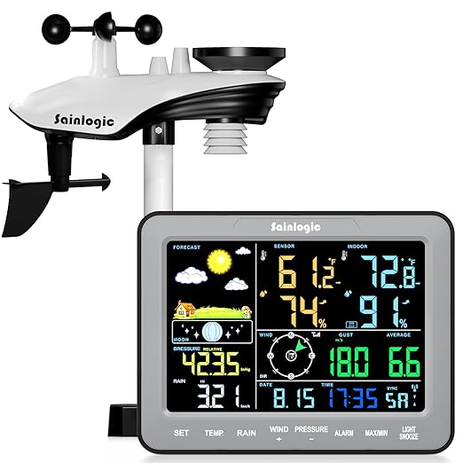 Sainlogic SA68 Home Weather Station with Weather Stations Wireless Indoor Outdoor and Rain Gauge Outdoor for Temperture,Humidity,Forecast,Pressure,Moon Phase,Alarm Clock for Bedroom,Gray(No WiFi)