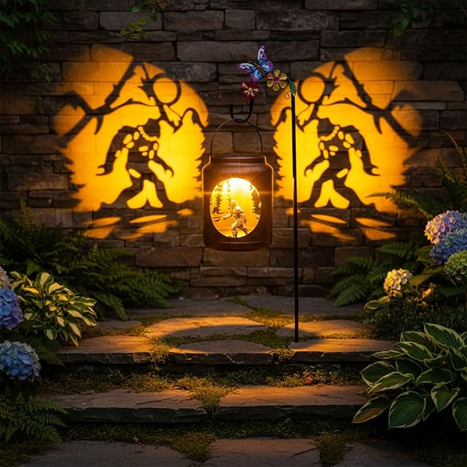Solar Lanterns Outdoor Waterproof Metal Bigfoot Patterns with Resin Bigfoot Inside Garden Decor Gifts for Women Mom Grandma Hanging Solar Lights Decoration Outside for Yard, Patio, Backyard, Porch