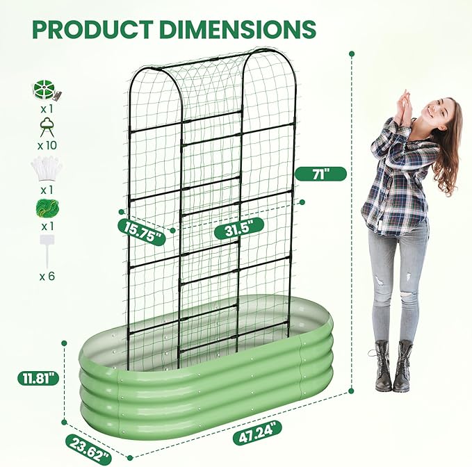 SUNYRISY 2Pack Galvanized Raised Garden Bed with 71in Arch Trellis for Climbing Plants, Outdoor Planter Box with Climbing Net for Gardening Flowers Vegetables Fruits Herbs, Green