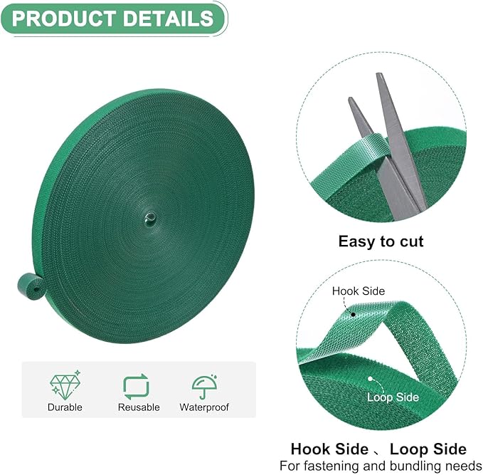 1-Roll Garden Plant Tape, 164 ft x 0.5 in Garden Hook and Loop Plant Ties Multi-Purpose Use Adjustable and Reusable Twist Wire Tape for Plants/Flowers/Vines [Green]