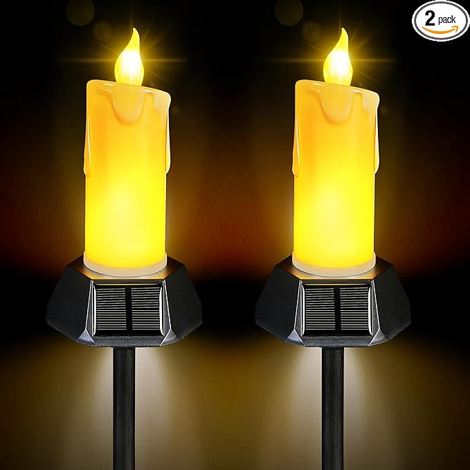 BlcTec Solar Candles Outdoor Waterproof, Realistic Flickering Flames LED Candles with IP65 High Rating Waterproof, Suitable for Lawn, Yard, Pathway, Camping, Graveyard, Halloween Outdoor Decor, 2 PCS