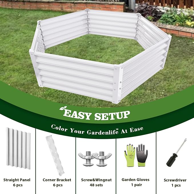 A ANLEOLIFE 6 Set Hexagon Galvanized Raised Garden Beds Outdoor,70x60x18in Metal Planter Box for Planting Vegetables Flowers Herb, Anti-Rust & Easy-Setup, Antique White