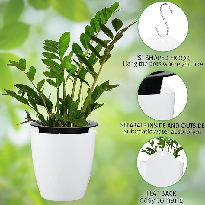 PP Plants Pots for Indoor Outdoor Gardening Hanging Self-Watering Flower Pots with Drainage Holes, Modern Planters for Houseplants Succulents Herbs (5, Medium)